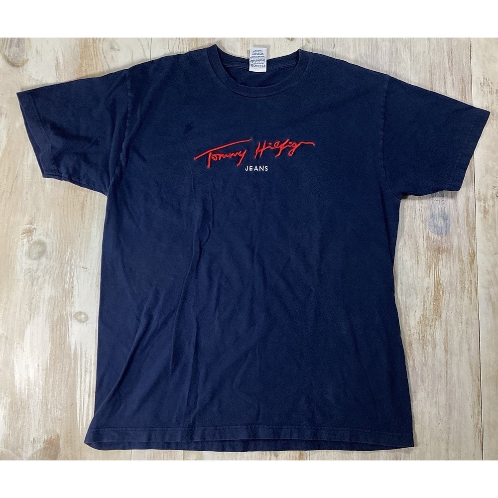 Tommy Hilfiger Navy Blue Short Sleeve Shirt With Embroidered Design Men's Medium